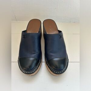 CHANEL Black and Navy Leather Clogs